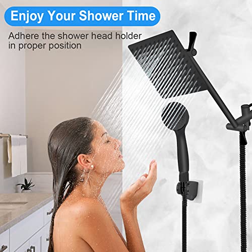 Shower Head, Kaqinu 8'' High Pressure Rainfall Shower Head/Handheld Showerhead Combo with 11” Extension Arm, Anti-leak Shower Head with Holder/Hose, Flow Regulator - Matt Black