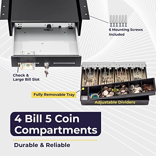 Volcora Cash Register Drawer with Under Counter Mounting Metal Bracket, 13" Black Cash Drawer for POS, 4 Bill 5 Coin Cash Tray, Fully Removable 2Tier Compartment 24V RJ11/RJ12 Key-Lock, 2 Media Slots