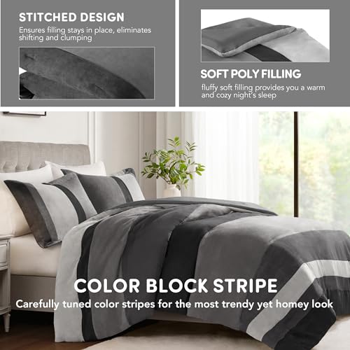 Comfort Spaces Twin Comforter Set, 2 Piece Luxe Microsuede, Pieced Design Color Block Stripes Bedding Comforter Sets, Winter Soft Brushed Microfiber Reverse, Matching Sham, Twin/Twin XL, Black