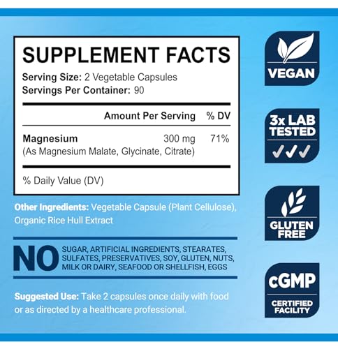 BioEmblem Triple Magnesium Complex | 300mg of Magnesium Glycinate, Malate, & Citrate for Muscles, Nerves, & Energy | High Absorption | Vegan, Non-GMO | 90 Capsules