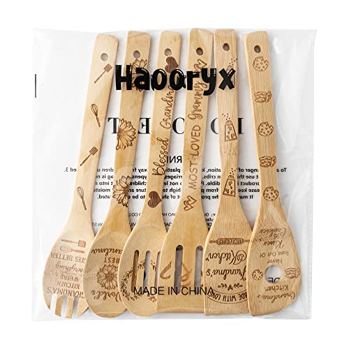 Haooryx 6Pcs Grandma Bamboo Spoons Utensils Set Best Grandma Cooking Utensils Non-Stick Spoons Burned Bamboo Cookware Kitchen Gadget Kit Grandma Birthday Grandparent's Day Gift Housewarming Present