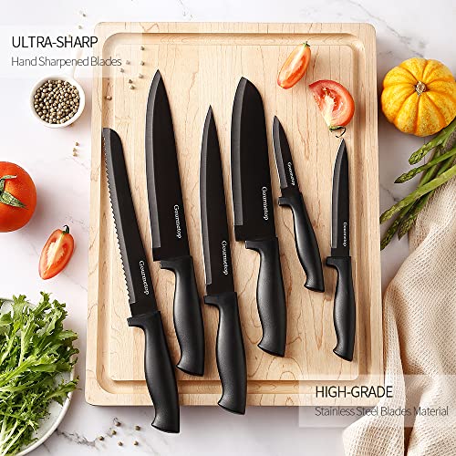 Gourmetop Kitchen Knife Set with No Drilling Magnetic Strip, Knives Set for Kitchen Black Cooking Knives, Sharp Stainless Steel Chef Knife Set for Cutting Meat & Vegetable, Small Knife Set