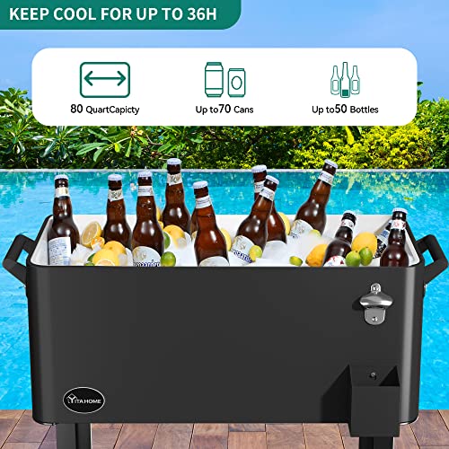 YITAHOME 80 Quart Rolling Cooler Cart with Bottle Opener Drainage, Portable Patio on Wheels, Outdoor Beverage Drink for Pool Deck Party BBQ Cookouts (Black)