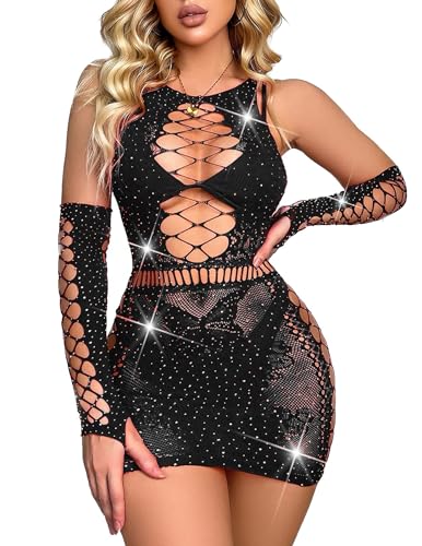 Avidlove Fishnet Lingerie Womens Mesh Chemise One Piece Babydoll Mini Dress Lace Sparkle Rhinestone Lingeries for Women Black