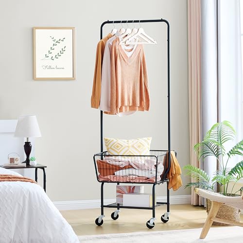 Tajsoon Laundry Cart with Hanging Rack, Metal Laundry Basket with Wheels, Laundry Hamper with Storage Basket and Shelf, Rolling Laundry Cart with Wheels, Black