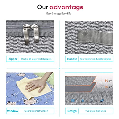 Onlyeasy Large Underbed Storage Bags Organizer Container (2 Pack) with 4 Handles and 2 Sturdy Zippers, Blankets Clothes Comforters Foldable Storage Bags with Clear Window, Herringbone Grey, MXRUBBP2