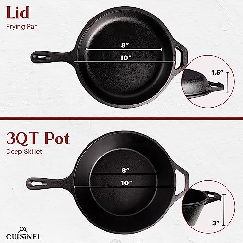 Cuisinel Cast Iron 2-In-1 Multi Cooker - 3-Quart Dutch Oven and Skillet Lid Set Oven Safe Cookware + Black Pan Scraper - Use As Dutch Oven and Frying Pan - Indoor and Outdoor Use - Grill, Stovetop