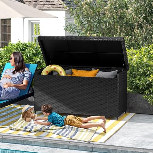 DWVO 170 Gallon Outdoor Storage Box, Weatherproof Wicker Deck Box, XL Outside Storage Container for Patio Furniture, Cushions, Pool Storage and Garden Tools (Black)