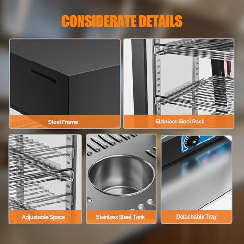 ROVSUN 15" Commercial Food Warmer Display Pizza Warmer, 3-Tier Electric Countertop Food Warmer w/LED Lighting Adjustable Removable Shelves Glass Door, Pastry Display Case for Buffet Restaurant, 1000W