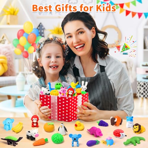 Arscniek 40 Pack Pencil Erasers for Kids Bulk Toys, Puzzle Animal Erasers 3D Mini Erasers Take Apart Food Erasers, Party Favors Desk Pets Classroom Prizes Treasure Box Stocking Stuffers for Kids