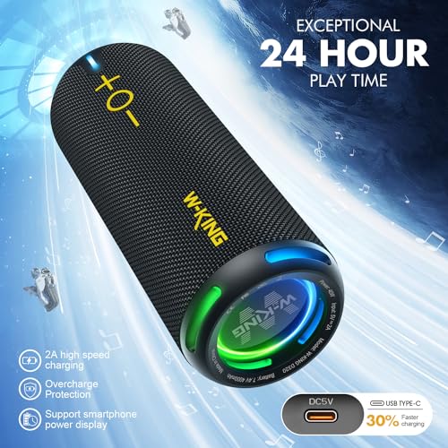 W-KING Bluetooth Speaker, IPX7 Waterproof Portable Speaker Bluetooth Wireless Loud with Dual Voice Coil, Customized EQ APP/Deep Bass, 40W 360° Sound Outdoor Shower Speaker, Party Lights/V5.3/TF/AUX