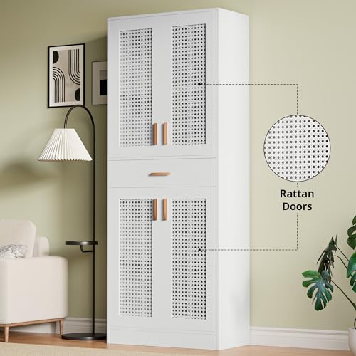 Cozy Castle Kitchen Pantry, 71" H Freestanding Rattan Pantry Cabinets with Doors, Adjustable Shelves and Drawer for Kitchen, Dining Room, Oak