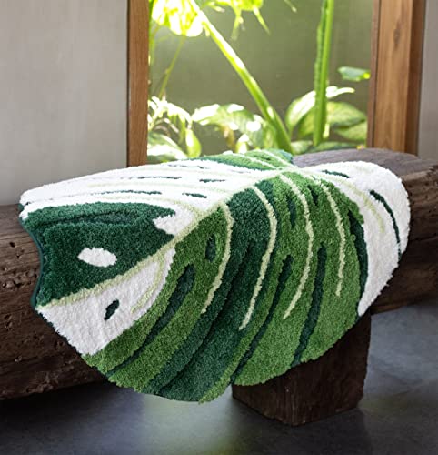 FrecklePot Pink Princess Non Slip Bath Mat or Kitchen Tufted Rug, Plant Leaf Shaped Kids Pets Floor Mat Carpet, Green, 32" x 24"