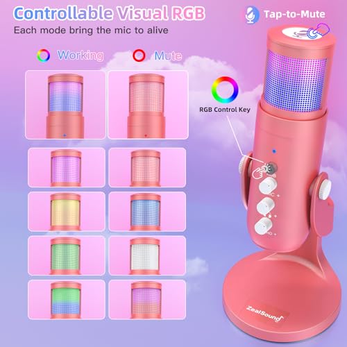 ZealSound USB Microphone,192kHz,3 Capsule,4 Pickup Patterns,RGB Computer Microphones with Mute/Volume Knob/Monitor/Noise Cancel,K66 Plus Condenser Mic for Gaming Podcasting YouTube Stream on Mac