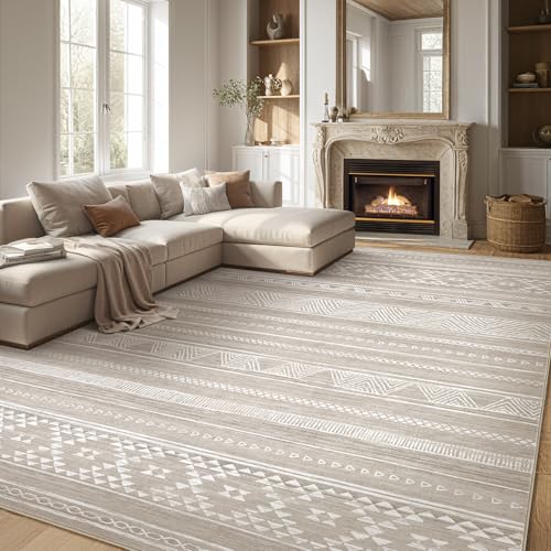 DMOYEST 3x5 Area Rug Living Room Rugs - Washable Large Soft Boho Neutral Geometric Moroccan Modern Rug for Bedroom Dining Room Home Office Non Slip Low Pile Farmhouse Carpet Indoor - Brown