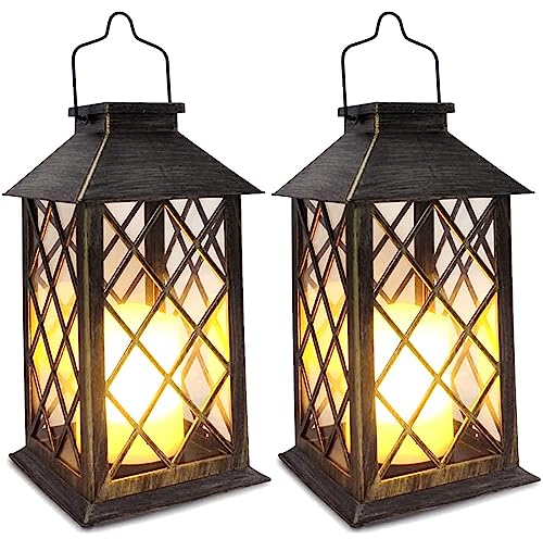 SHYMERY Solar Lantern,Outdoor Garden Hanging Lanterns,2 Pack 14 Inch Lasts 3X Longer 10 lumens Waterproof LED Flickering Flameless Candle Mission Lights for Table,Outdoor,Party Decorative