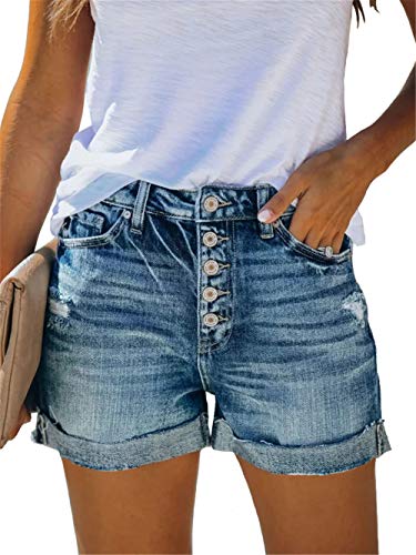 Women Jean Shorts Casual Summer Frayed Hemming Hot Denim Shorts with 5 Pockets Light Blue Large