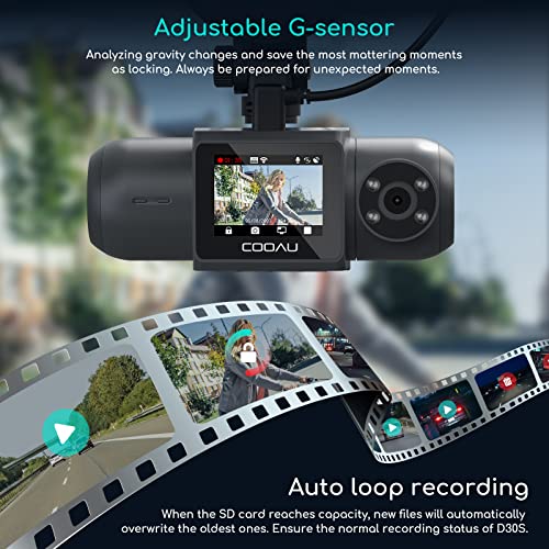 COOAU D30S 4K Dash Cam with GPS Wi-Fi, Front and Inside Dual 2.5K 1080P, Uber Car Camera with Infrared Night Vision, Supercapacitor, 4 IR LEDs, G-Sensor, Parking Mode, Loop Recording