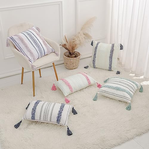 Zufudo Throw Pillow Covers with Tassels Set of 2 Cotton Boho Tufted Modern Farmhouse Decorative Lumbar Pillow Covers for Couch, 12×20 Inch Blue