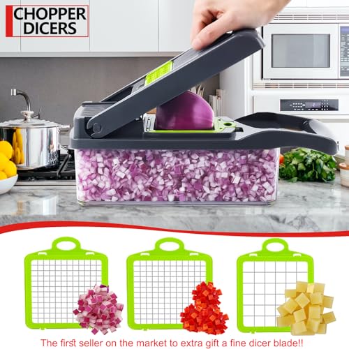 Professional Compact Vegetable Chopper, Chopper Vegetable Cutter, Food Chopper, Veggie Chopper with Container, Vegetable Chopper With Container, Onion Chopper, Mandoline Slicer (9 Inserts) Grey Green