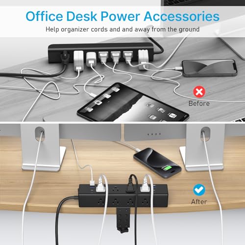 CCCEI Desk Outlet Station 20W USB C Port. 12 Outlet Desktop Clamp Power Strip Surge Protector 4800J with Switch. Nightstand Office Standing Desk Accessories, Fit Thicker Table Edge or Screw Mount, 6FT