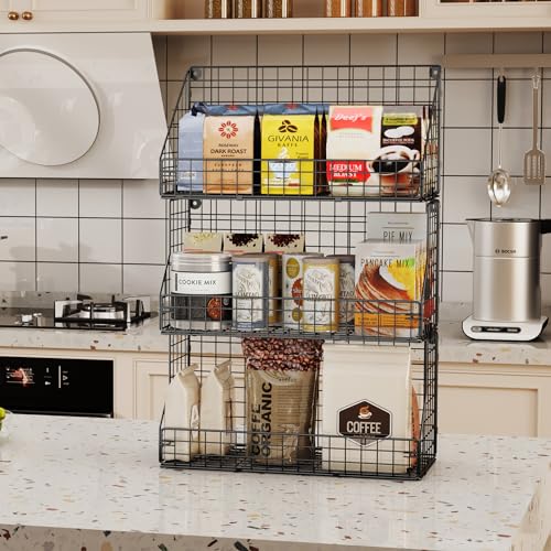 X-cosrack 3-Tier Stackable Detachable Snack Organizer (Large Size), Countertop Display/Wall Mounted Shelf with 5 Hooks Wire Basket Snack Shelf for Office Cabinets, Kitchen, Pantry, 11.8x7.8x22 Inch