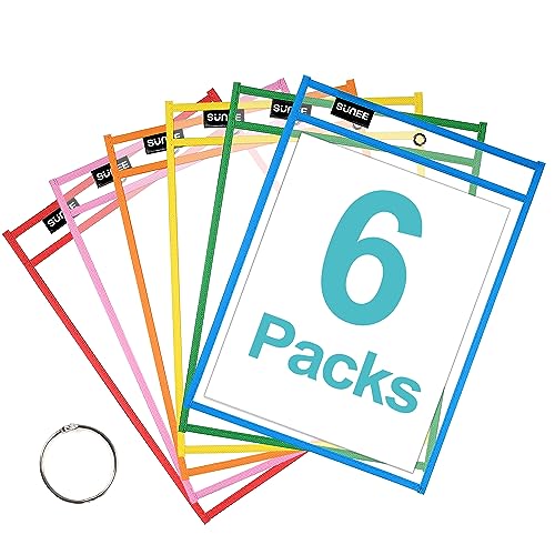 SUNEE 6 Packs Oversized Reusable Dry Erase Pocket Sleeves with Binder Ring, 6 Assorted Colors 10x14 Ticket Holders, Clear Plastic Sheet Protectors, Teacher School Classroom Supplies