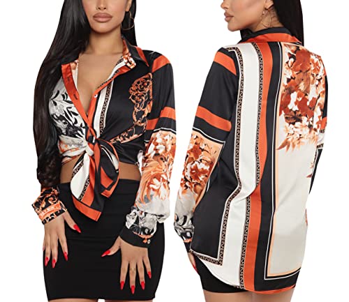BessCops Sexy Blouse for Women Trendy Blouses & Button-Down Shirts Chiffon Colorful Floral Print Loose Collar Long Sleeve Tops