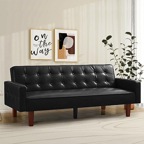 IULULU Futon Sofa Bed, Modern Convertible Faux Leather Sleeper Couch with Armrests for Studio, Office, Apartment, Compact Living, Game Room, Overnight Guests, Brown