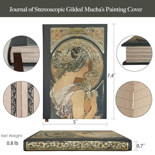 ipoul Fancy Notebook for Women, Gilded Journal Hardcover, 256 Full Color Pages, 5x7 Small Beautiful Journal, Alphonse Mucha Night's Rest, Art Gift for Her Personal Journal.