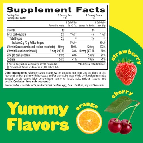 L’il Critters Immune C Daily Gummy Supplement Vitamin for Kids, for Vitamin C, D and Zinc for Immune Support, Orange, Lemon and Cherry Flavors, 190 Gummies