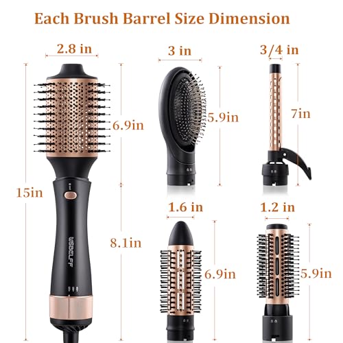 Hair Blow Dryer Brush Set - Versatile Detachable Negative Ion Styler Kit, Ceramic Barrel Hot Air Brush Tools for Volumer, Dry, Slightly Curly, for Women Middle to Long Hair
