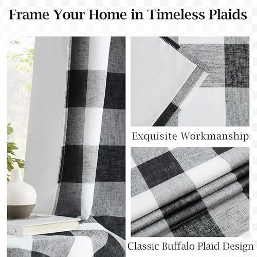 Short Black White Buffalo Plaid Full Blackout Window Curtains with Liner Farmhouse Checkered Geo Pattern Panels Linen Textured Drapes Grommet Window Treatment for Bedroom,Living Room,40"x63"x2