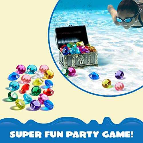 Sloosh Diving Gems Pool Toys, 16 Big Colorful Diamond with Pirate Treasure Chest, Swim Dive Toy for Kids Underwater Gemstone Swimming Training Gift Water Toys Pool Games（Gold）