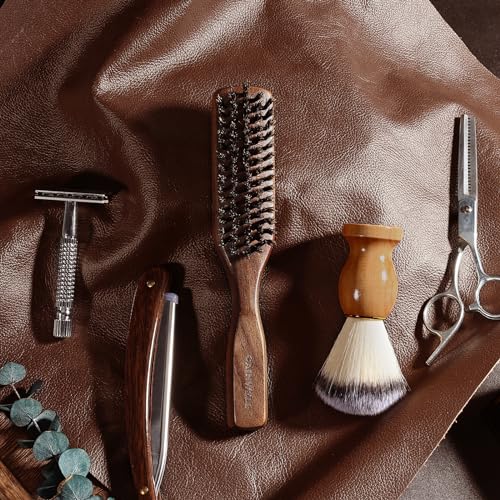 Mens Wild Boar Bristle Hair Brush for Men - Slick Back Hair Brush - Stiff Bristles for Thick Hair, Natural Black Walnut Wooden Handle Hairbrush, Beard Mustache Brush Comb by GAINWELL, Gift for Men