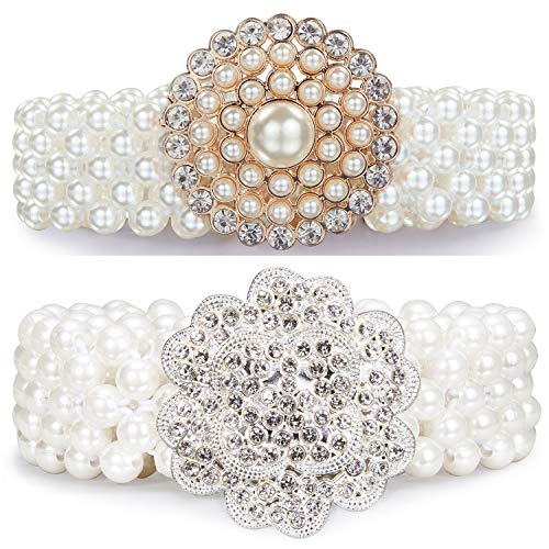 Barry.Wang 2pcs Pearl Belts Gift for Women Wedding Sash Belt for Dress Crystal Rhinestone Off White Waist Chain 95cm (Y Hello Kity Bow)