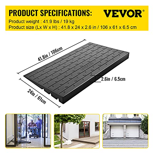 VEVOR Rubber Threshold Ramp, 2.6" Rise Threshold Ramp Doorway, 3 Channels Cord Cover Rubber Threshold Ramp, Rubber Angled Entry Rated 2200Lbs Load Capacity for Wheelchair and Scooter