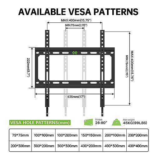USX MOUNT Fixed TV Wall Mount with Low Profile for Most 26-60 Inch LED, LCD and Flat Screen TVs, TV Mount Bracket with VESA Up to 400x400mm and Weight Capacity 99lbs,and Space Saving TV Bracket