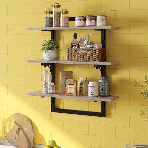 Bestier Floating Shelves for Wall, 24 inch Kitchen Shelves Wall Mounted, 3 Tier Coffee Bar Shelf with Foldable Brackets, Industrial Display Shelf for Bathroom, Living Room, Retro Grey