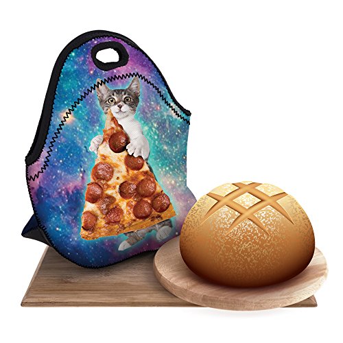 HAPPYLIVE Neoprene Lunch Bag, Cat Take Pizza, Unisex, 11.8" x 11.2" x 6.5", 8.7" Deep, Easy Zip Closure, Great for School or Work Lunches