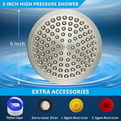 Nuodan High Pressure Rain Shower Head - High Flow Rainfall Showerhead - Luxury Modern Look - Pressure Boosting Bathroom Shower Heads (6 inches, Brushed Nickel)