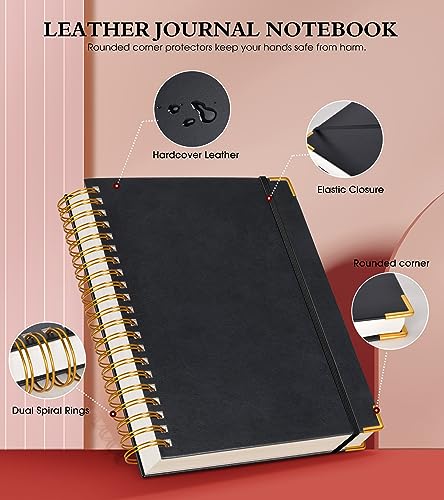 Spiral Notebook Journal 8.5” x 11”, 300 Pages Hardcover Leather Lined Journals for Women Men, A4 Large College Ruled Notebooks with 100 GSM Thick Paper, Spiral Journal for Writing Work School, Black