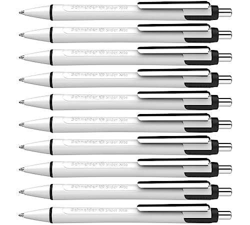 Schneider Slider Xite XB (Extra Broad) Ballpoint Pen, Refillable + Retractable, 1.4 mm, White Barrel w/Blue Accents, Black Ink, Box of 10 Pens (133201)