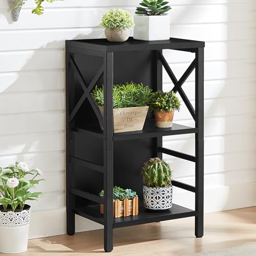 MNEETRUNG Small Bookcase,3 Tier Industrial Short Bookshelf with Metal Frame and Backboard,Low Black Bookshelf, Small Office Book Shelf for Small Spaces, Living Room, Bedroom and Home Office