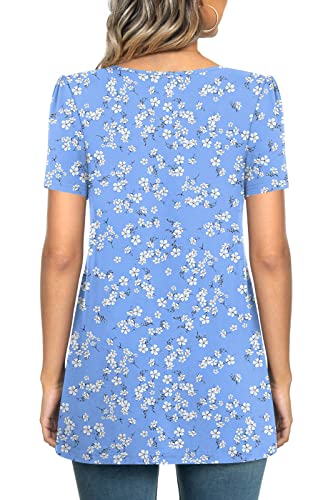 Anymeet Woman's Spring Tunic Tops Short Sleeve Casual Tee Shirt Pleated Hide Belly Blouse for Leggings Plus Size Navy Flowers 2X-Large