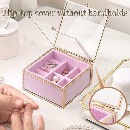 Veki Travel Jewelry Organizer Box, Clear Glass Jewelry Case with Gold Frame for Women Girls, Transparent Display Boxes with Removable Compartment for Earring, Ring, Necklaces, Bracelets (Square)