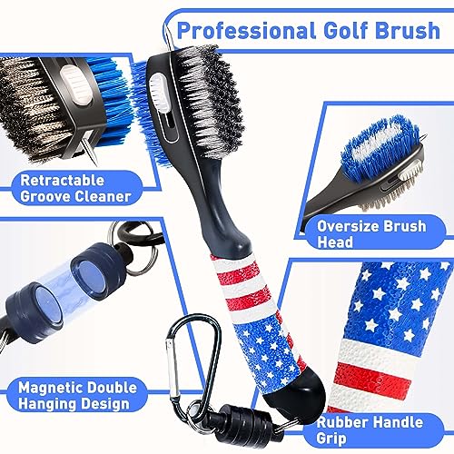 Golf Club Brush and Amercian Flag Golf Towels, Golf Groove Cleaner Cleaning kit, Golf Accessories Cleaner Tool with Strong Magnet Stick to Golf Clubs or Bag