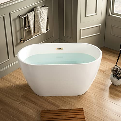 WOODBRIDGE 48" Acrylic Freestanding Bathtub Contemporary Soaking Tub, White Acrylic(Brushed Golden Drain/Overflow),BTA1703-BG-Drain&O