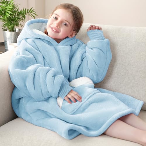 Touchat Wearable Blanket Hoodie, Oversized Sherpa Blanket Sweatshirt with Hood Pocket and Sleeves, Super Soft Warm Plush Hooded Blanket for Kids, One Size Fits All (Airy Blue)