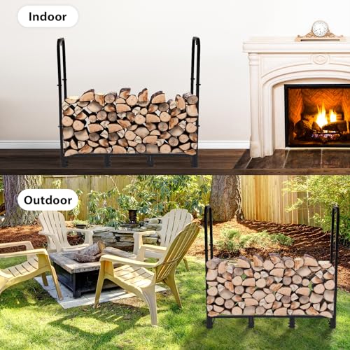 NEOCOZY 4FT Firewood Rack Outdoor with Cover, Heavy Duty Wood Holder with Log Carrier, Adjustable & Waterproof Log Holder Wood Storage Stand for Fireplace Patio Outdoor, Black